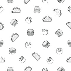 Abstract Doodle Seamless Pattern Hand Drawn Fast Food Elements Pizza Hamburger Snack Drink Croissant Vector Design Style Background Illustration Icons
