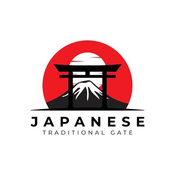torii gate logo with fuji mountain japanese culture vector illustration design