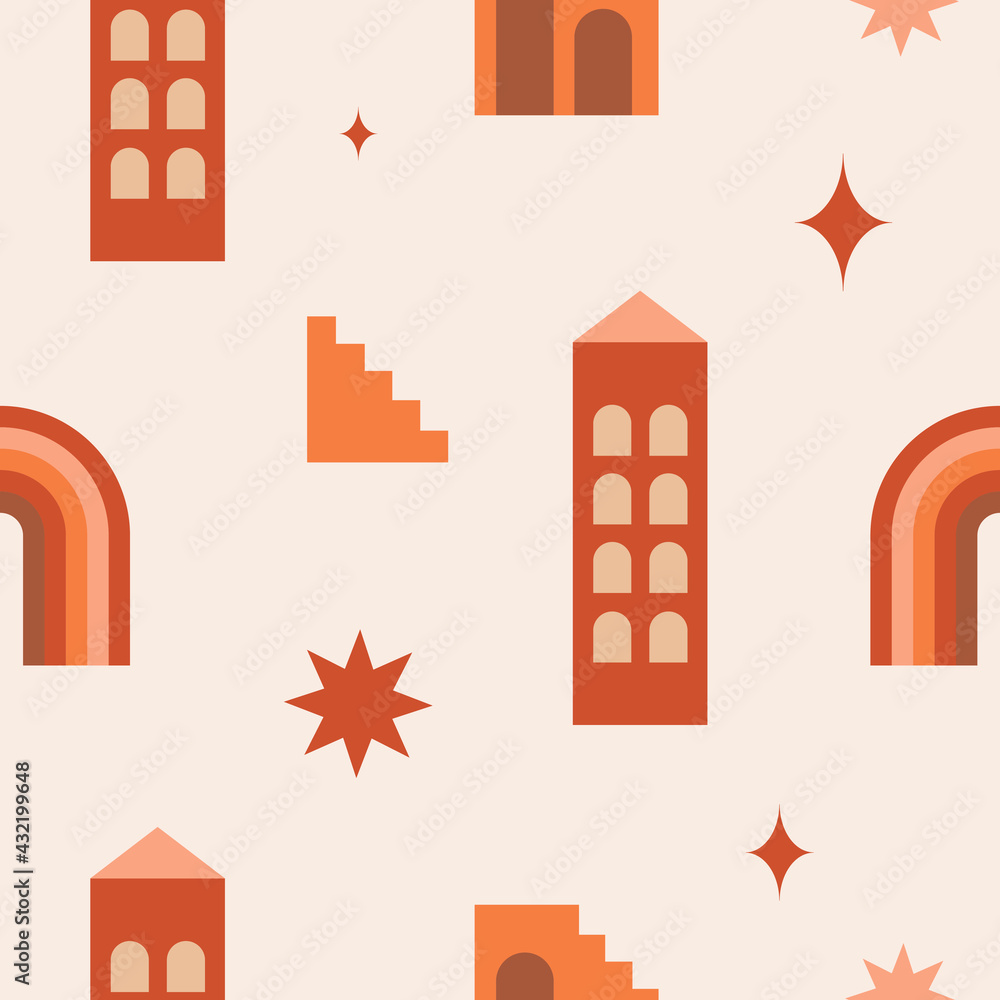 Poster modern abstract aesthetic seamless pattern with geometric architecture elements in boho style. mid c