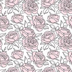 Seamless pattern with abstract garden pink roses and leaves silhouette. Line art blossoming flowers. Vintage floral hand drawn wallpaper. Vector stock illustration.