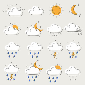 Set of colored vector icons of weather and meteorology. Seasonal weather forecast, weather report. Forecast of the state of the atmosphere.