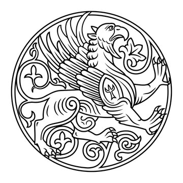 Griffin depicted in a ring. Heraldic symbol, stamp. Vector clipart. All parts are available for coloring.