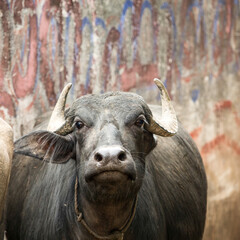 Portrait eines Rindes vor terracottafarbig bemalter Wand