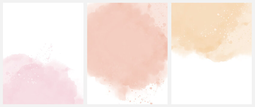 Set of 3 Delicate Abstract Watercolor Style Vector Layouts. Light Yellow and Pastel Pink Paint Stains on a White Background. Pastel Color Stains and Splatter Print Set.