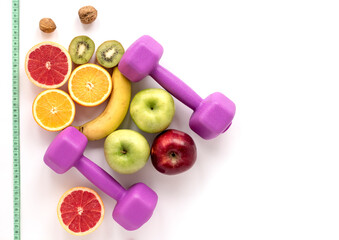 Sports and healthy food for weight loss of the female body. Flat layout with place for text