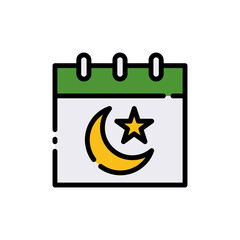 Ramadan Islamic Calendar Vector Icon in Filled Outline Style. A calendar with a crescent moon and star is a symbol of the month of Ramadan and islamic holidays.