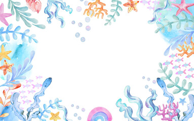 Fototapeta na wymiar Underwater Watercolor Background. Seaweeds, fish. starfish corals, rainbow, shells sea elements. Cartoon kids illustration