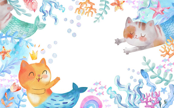 Underwater Watercolor Background with Cat-Mermaid, Purrmaid, Seaweeds, fish. starfish corals, rainbow, shells sea elements. Cartoon kids illustration