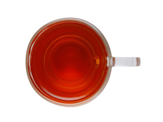 Glass transparent cup with hot tea. Isolated on a white background top view