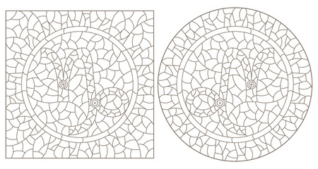 Set of contour illustrations in the style of stained glass with the signs of the zodiac Capricorn, dark contours on a white background