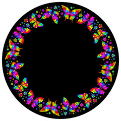 Design ornament for round product, bright flowers and butterflies in the style of stained glass on a dark background