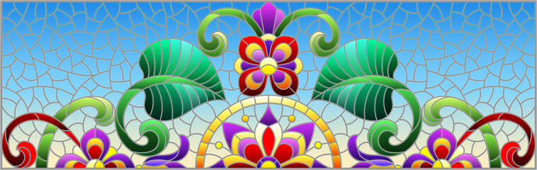 Illustration in stained glass style with abstract flowers, leaves and curls on a blue background, rectangular horizontal image