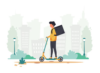Delivery service. Courier character riding by electrical scooter. Eco transport concept. Vector illustration © Amahce