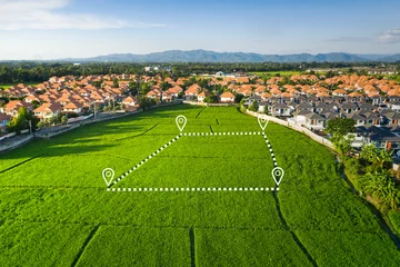 Fotobehang Land plot in aerial view. Gps registration survey of property, real estate for map with location, area. Concept for residential construction, development. Also house for sale, buy, investment. © DifferR
