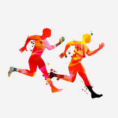 Fototapeta na wymiar Running people, marathon race poster vector illustration. Jogging active people, fitness training, sport training design for banner, event promo material, flyer