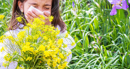 Seasonal allergy in a child. Coryza. Selective focus.
