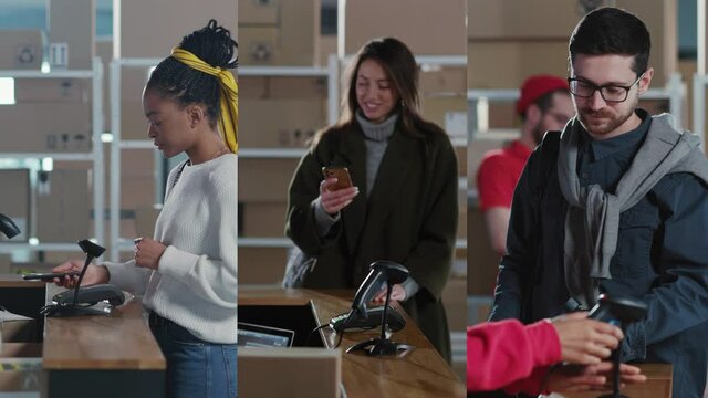 Multi-screen video of diverse multi-ethnic young people using mobile phones paying order credit card paypass NFC technology online in postal office delivery.