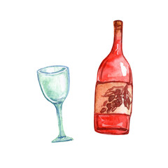 Set of watercolor illustrations bottle of wine and glass isolated on white background