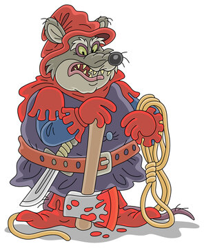Malicious and pitiless fat rat executioner with an ax and a rope preparing for penalty, vector cartoon illustration isolated on a white background