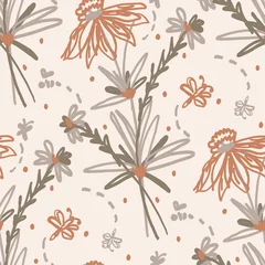 Wall murals Boho style Seamless minimalist doodle floral pattern background. Calm boho earthy tone color wallpaper. Simple modern scandi unisex flower design. Organic childish gender neutral baby all over print. Hand drawn.