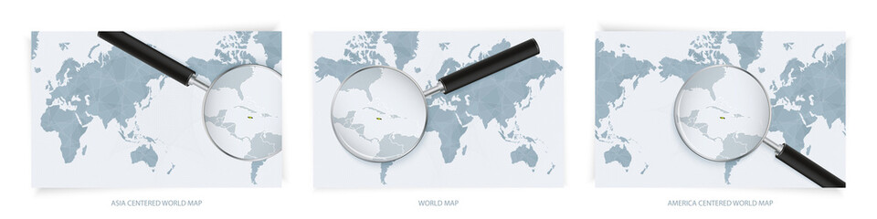 Fototapeta premium Blue Abstract World Maps with magnifying glass on map of Jamaica with the national flag of Jamaica. Three version of World Map.