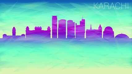 Fototapeta premium Karachi Pakistan City Skyline Vector Silhouette. Broken Glass Abstract Geometric Dynamic Textured. Banner Background. Colorful Shape Composition.