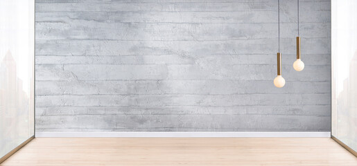 stone wall empty room and interior design, hanging lamp. 3D illustration