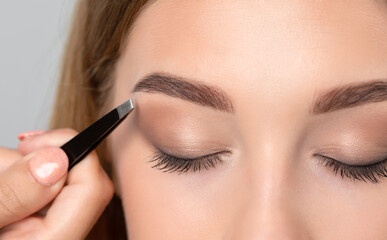 Makeup artist plucks eyebrows in a beauty salon. Professional makeup and cosmetology skin care.