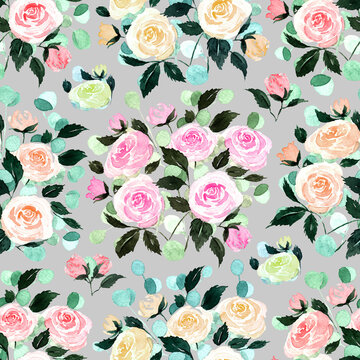 seamless pattern of multicolored roses on a gray background painted in watercolor