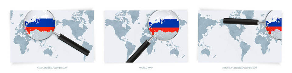 Blue Abstract World Maps with magnifying glass on map of Russia with the national flag of Russia. Three version of World Map.