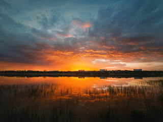 Obraz premium Colorful and dramatic sunset sky reflecting on pond water. Silent evening scene at Delia lake. Vibrant sundown clouds at the horizon over Ungheni city, Moldova. Reed and rush vegetation in the water
