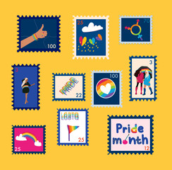 Set of trendy LGBTQ stamps. Day against homophobia. Pride month. Vector postmarks with rainbow flags,gender signs and lettering.Lesbian couple.Respect and protect love.Mail and post conceptual drawing