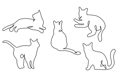 Continuous one line cats.Feline in different poses.Animals sit, lay,relax.Abstract doodle shapes. Black and white sketch.Modern print. Applicable for banner,book cover,veterinary shop or clinic.Vector