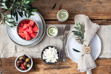 Summer breakfast on a rustic table.