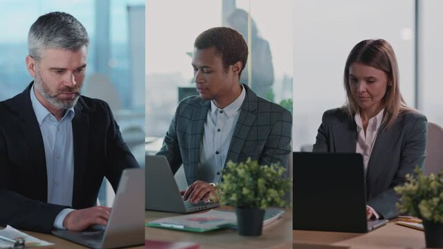 Multiscreen of caucasian and african american corporate executives in formal wear reading business news on laptop computer in office workplace.