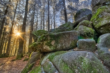 Close by the Guenterfelsen, frozen mossy rocks, the Brend Way, in the Black Forest, Southwest Germany