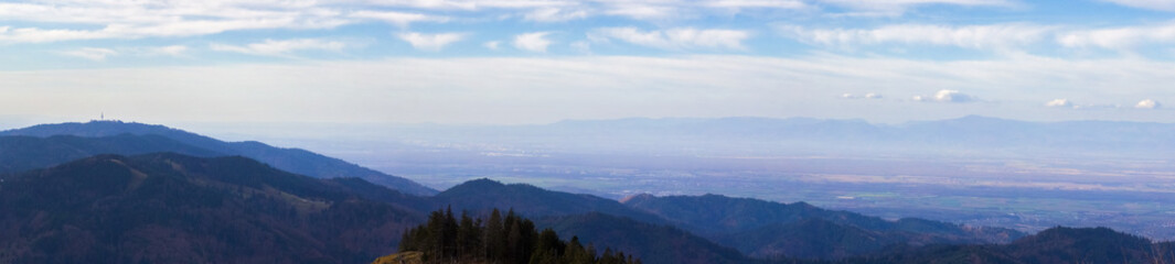 Panorama from the Belchen Mountain in the Black Forest, Germany, to the Rhine Valley and the Vosges...