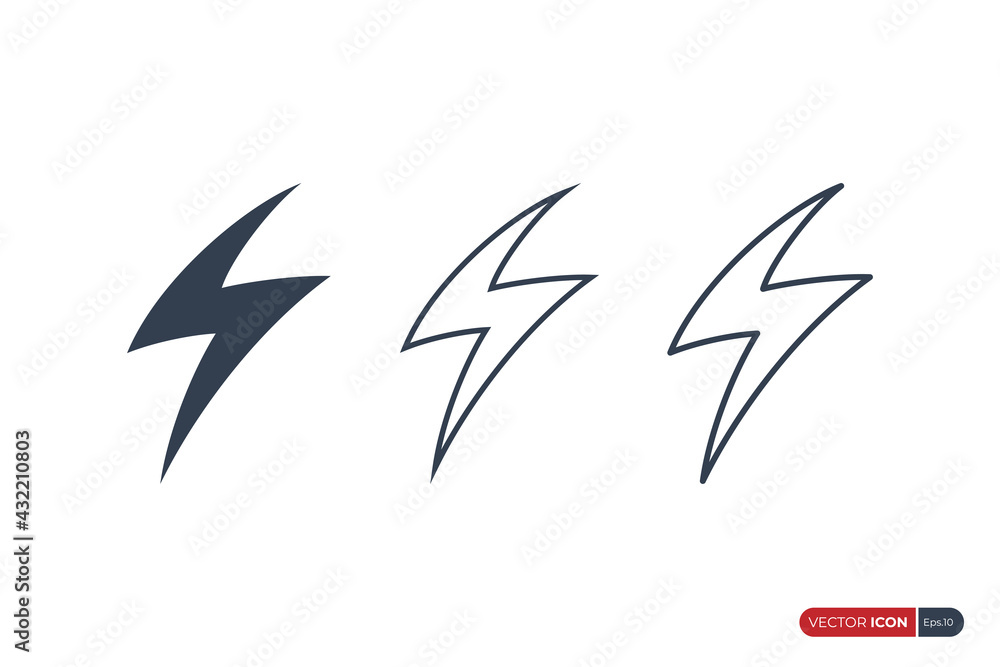 Poster flash thunderbolt icons set. fill and outline lightning illustration isolated on white background. f