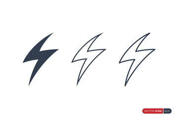 Flash Thunderbolt Icons Set. Fill and Outline Lightning Illustration isolated on White Background. Flat Vector Design Template Elements usable for Electricity Logos.