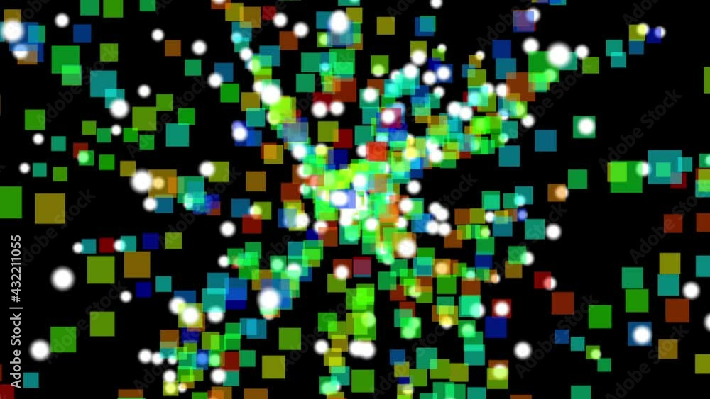 Poster abstract flying colorful squares on the background of white flying particles in space. beautiful squ