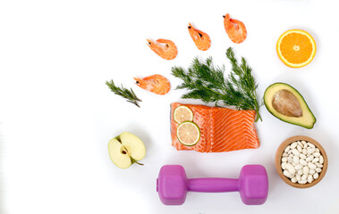 Seafood, a healthy diet, is the main source of protein for athletes. Flat lay on mockup with...