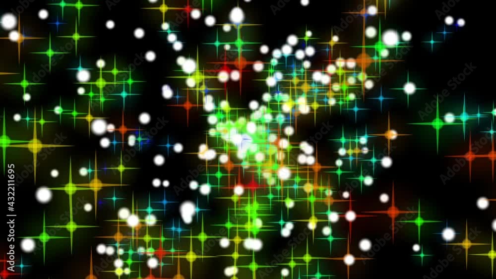 Poster abstract flying colorful stars on the background of white flying particles in space. beautiful multi