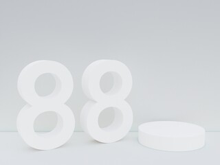 Scene with podium for mock up presentation in white color, minimalism style and number 88 with copy space, 3d render abstract background