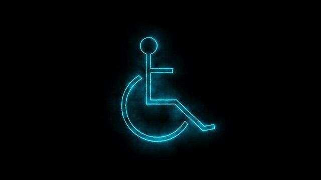 Linear neon animation of blue disabled sign with dynamic smoke on black background. Motion graphic, 4K video