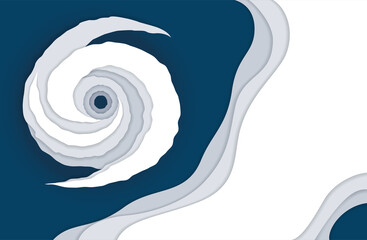 A hurricane viewed from above with copy space, in monochrome blues and white. Paper layer art style
