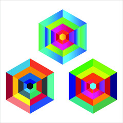 set of multicolor dimensional box geometric hexagon pattern vector illustration.Creative 3d modeling icon for templates, software and apps