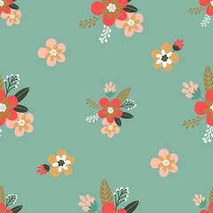 Seamless vector pattern with abstract pink and orange flowers on a turquoise background. Creative floral texture. Great for fabric, textile and design