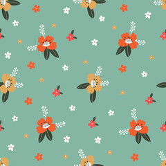 Seamless vector pattern with abstract pink and orange flowers on a turquoise background. Creative floral texture. Great for fabric, textile and design