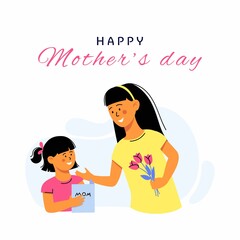Happy mother’s day card. Little daughter present a card to mother. Vector Illustration