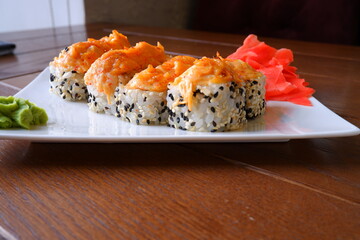 Delicious sushi with ginger. Food. Cooking.